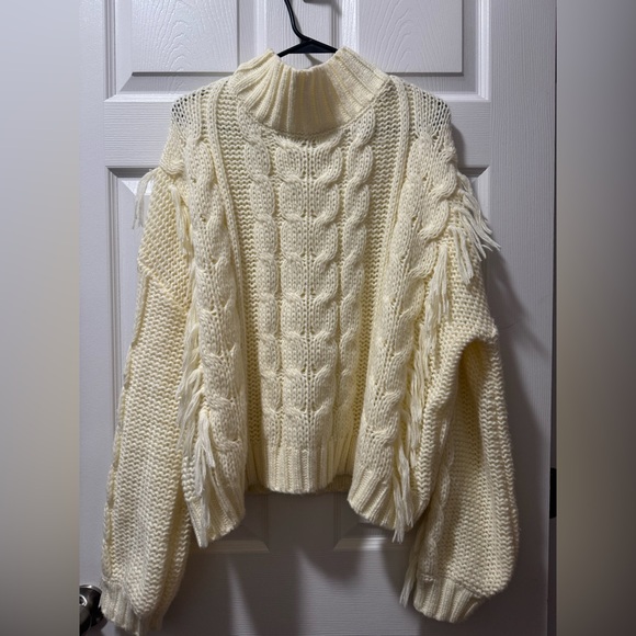Sweaters - Cream Cable Knit Fringe Turtleneck Sweater